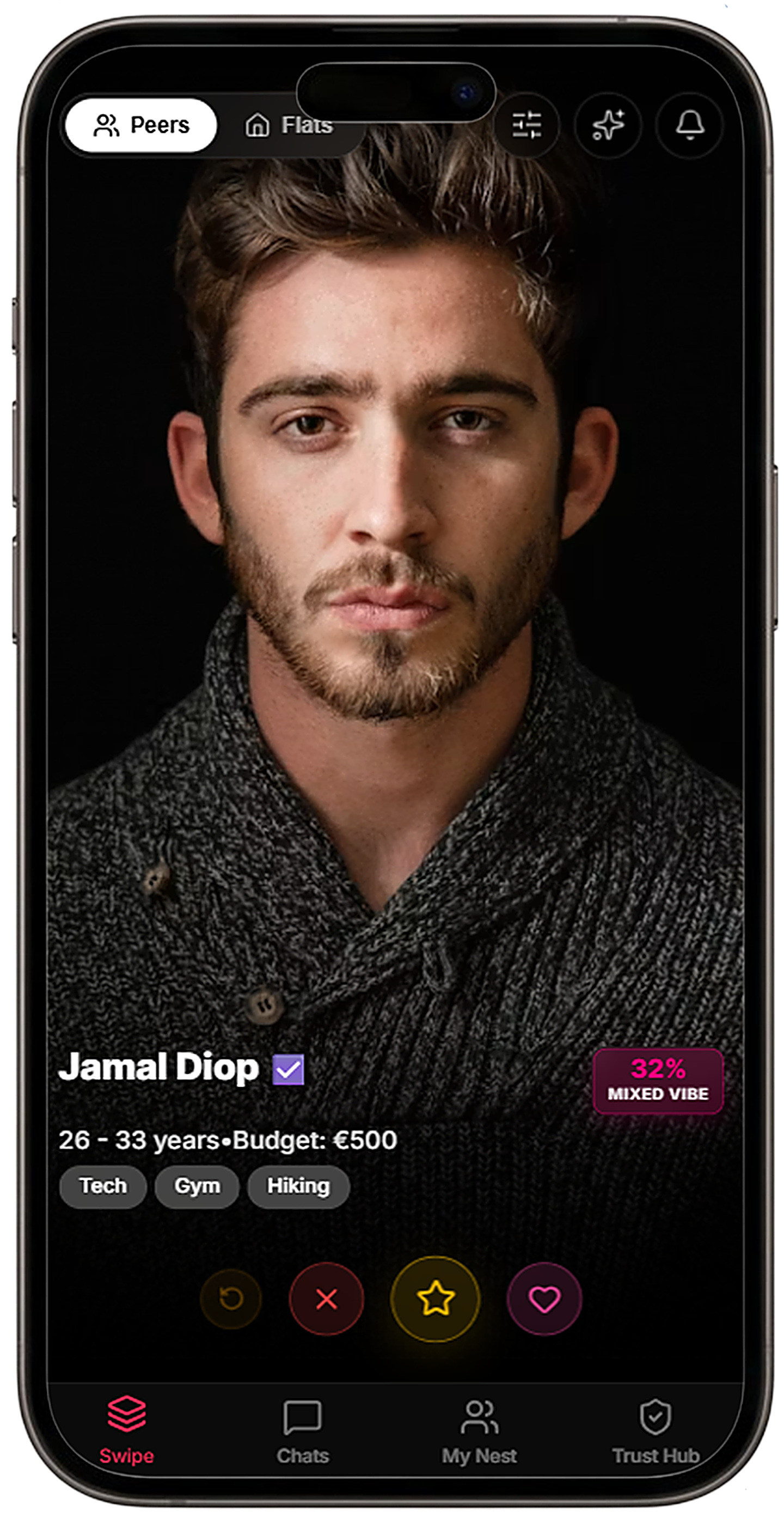 ShareNest profile matching screen — Jamal Diop
